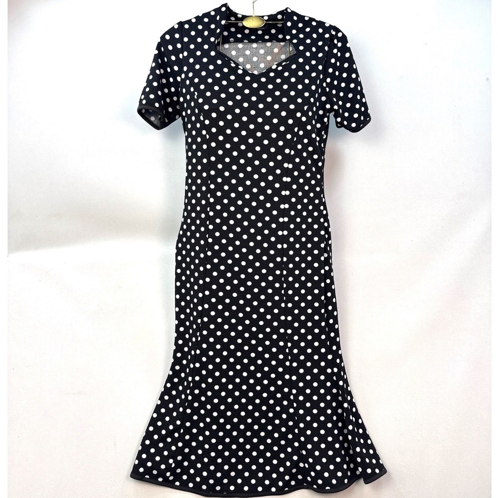 Kivenst High Fashion Polka Dot Cutout V-Neck Mermaid Midi Dress Black White